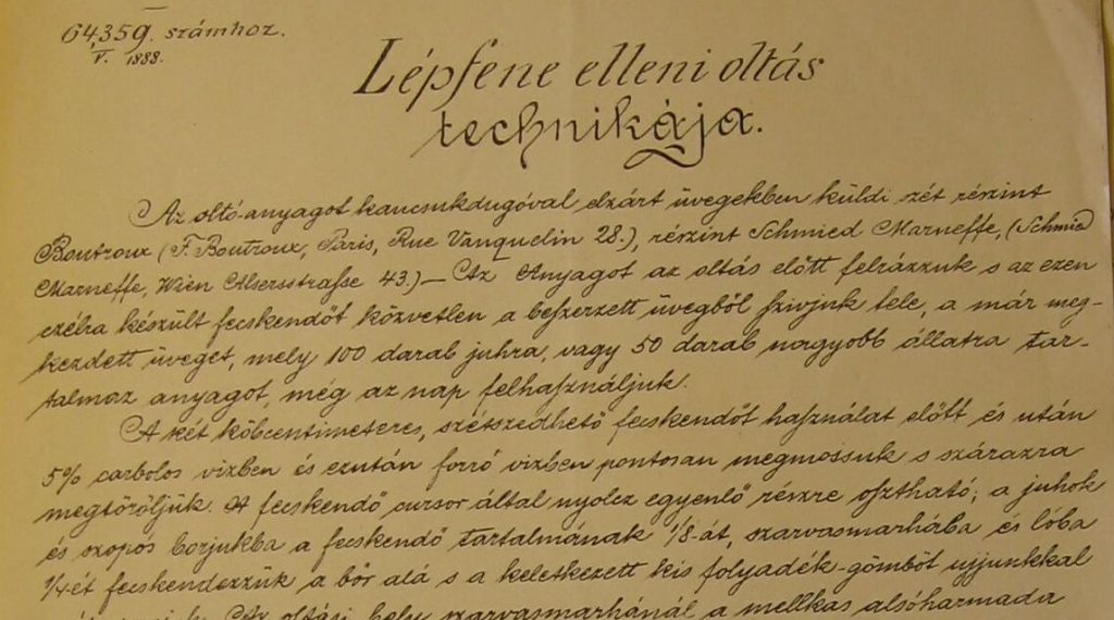 Részlet Hutÿra Ferencnek a lépfene elleni oltás technikájáról szóló leírásából, amit Varga Ferenc igazgató 1889. december 13-án terjesztett a Földmívelésügyi Minisztérium elé. (Forrás: MNL OL)
